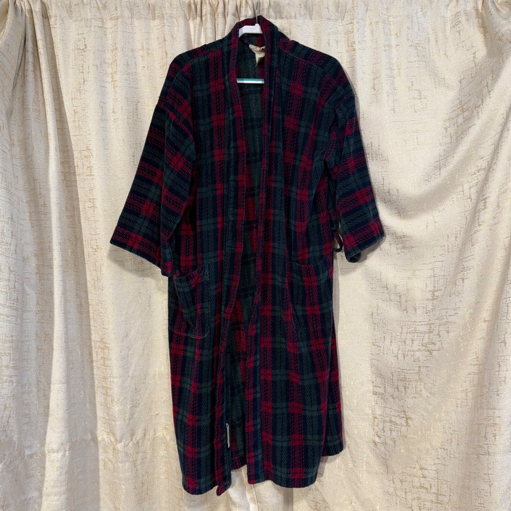 Vtg Christian Dior Robe Unisex OS Red Green Plaid Cotton Terry Designer Lux SEE
